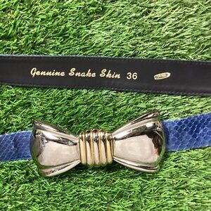 Snake Skin Blue Belt w/ Bow Ribbon Belt Buckle Mixed Metals 36